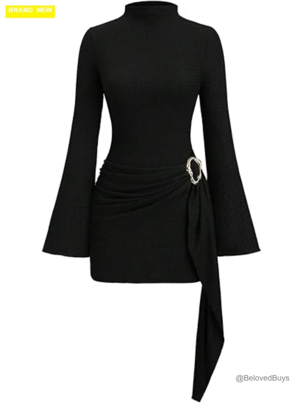 Textured Mock Neck Metal Cinched Waist Long Bell Sleeve Ruched Bodycon Mini